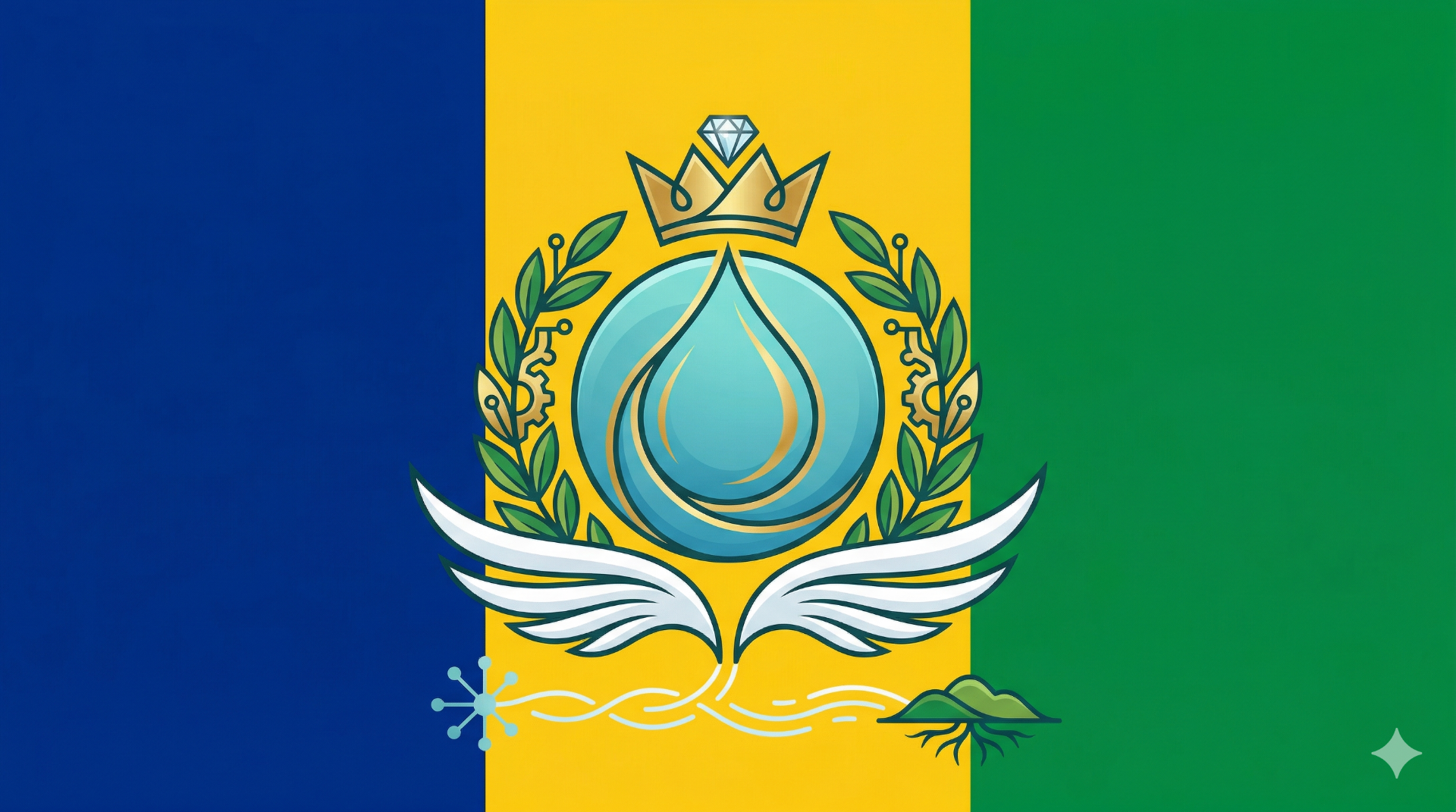 Bandera oficial del Imperio GoodNaty tricolor vertical azul oro verde con emblema central de gota de agua corona guirnaldas de laurel y alas simbolizando soberanía digital ciencia arte y recurso vida.