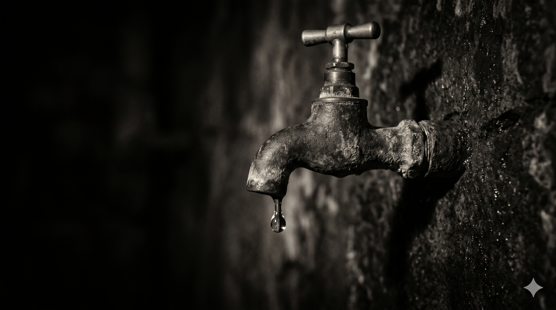Primer plano de una gota de agua estancada en un grifo antiguo, Universidad del Ciudadano