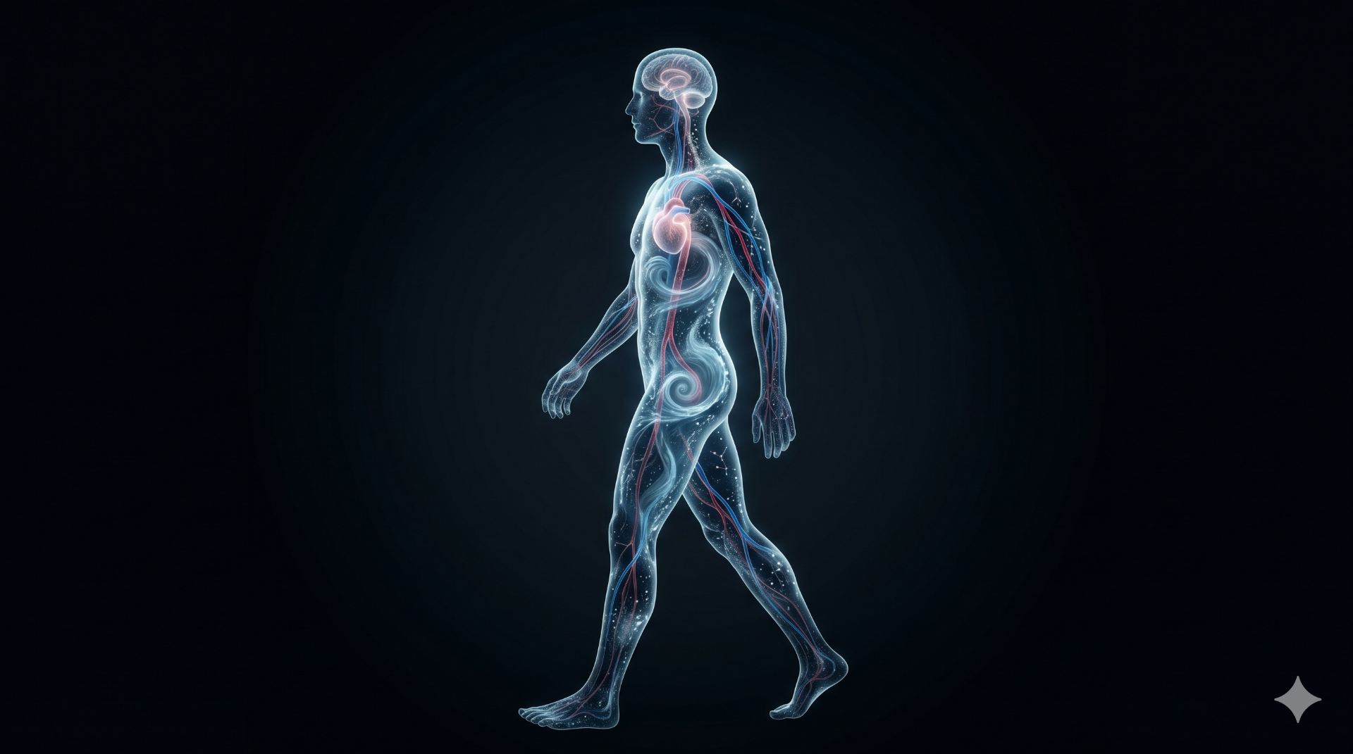 Silueta humana translúcida revelando el océano interior y la gestión hídrica biológica