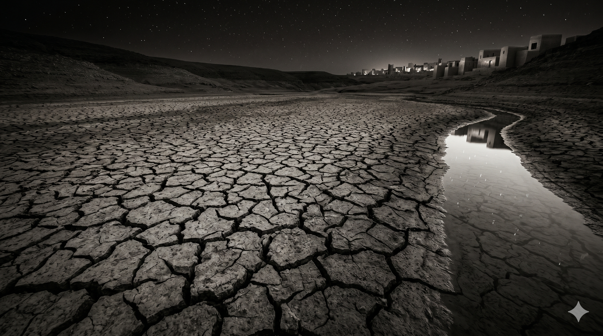 Paisaje de río antiguo seco reflejando el cielo, arqueología de la sed en la Universidad