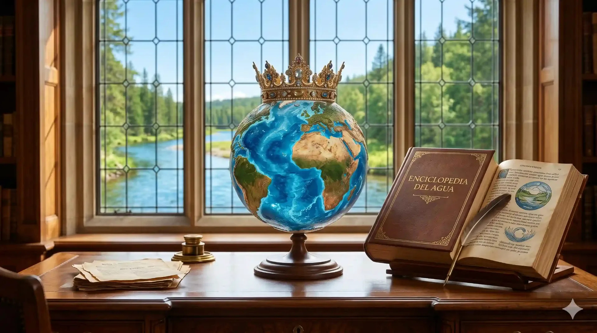 Simbolismo del Imperio GoodNaty: Globo terráqueo con corona de oro y Enciclopedia del Agua sobre escritorio de madera antigua