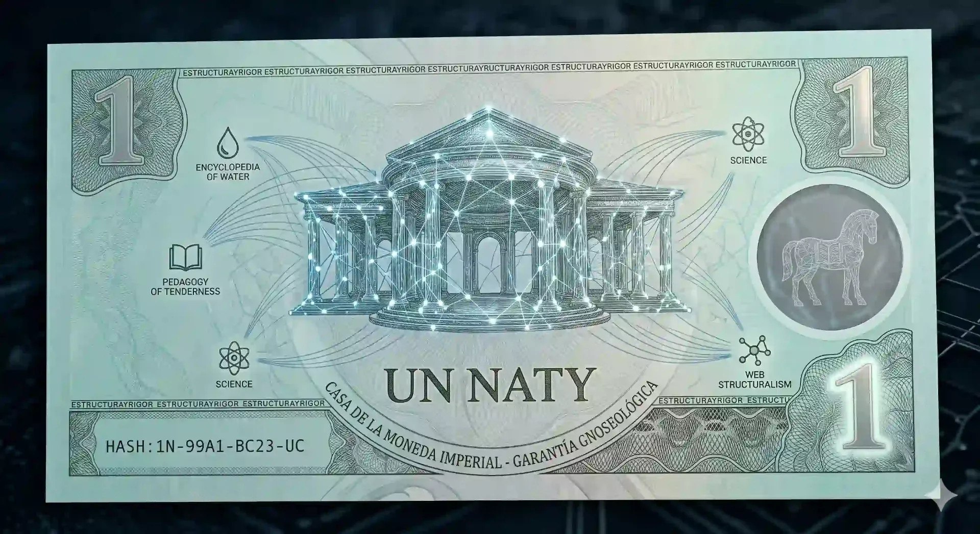 Reverso del billete de Un Naty (1 ₦) del Imperio GoodNaty: Representación de la Universidad del Ciudadano como red neuronal y garantía gnoseológica.