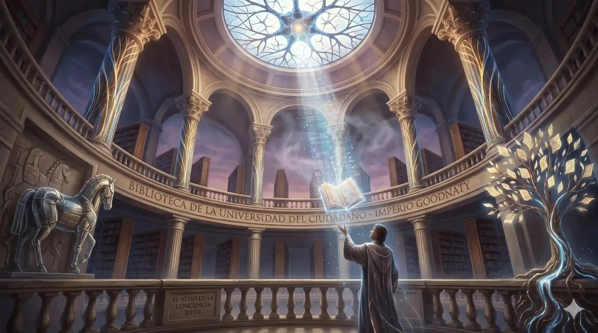 El Atrio de la Conciencia Total de la Biblioteca de la Universidad del Ciudadano del Imperio GoodNaty: Fusión de arquitectura clásica, redes neuronales y el Caballo de Troya gnoseológico