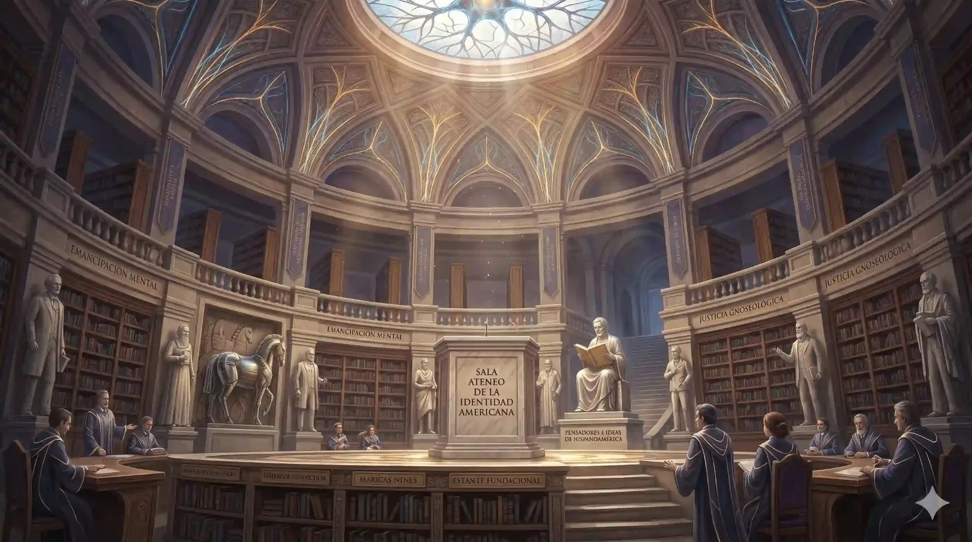 Vista monumental de la Sala Ateneo de la Identidad Americana en la Biblioteca del Imperio GoodNaty. Un foro circular de arquitectura clásica y Webismo Estructural, presidido por estatuas de pensadores hispanoamericanos de política, ciencia, educación y filosofía. Incluye el Estante Fundacional y las inscripciones 'Emancipación Mental' y 'Justicia Gnoseológica'