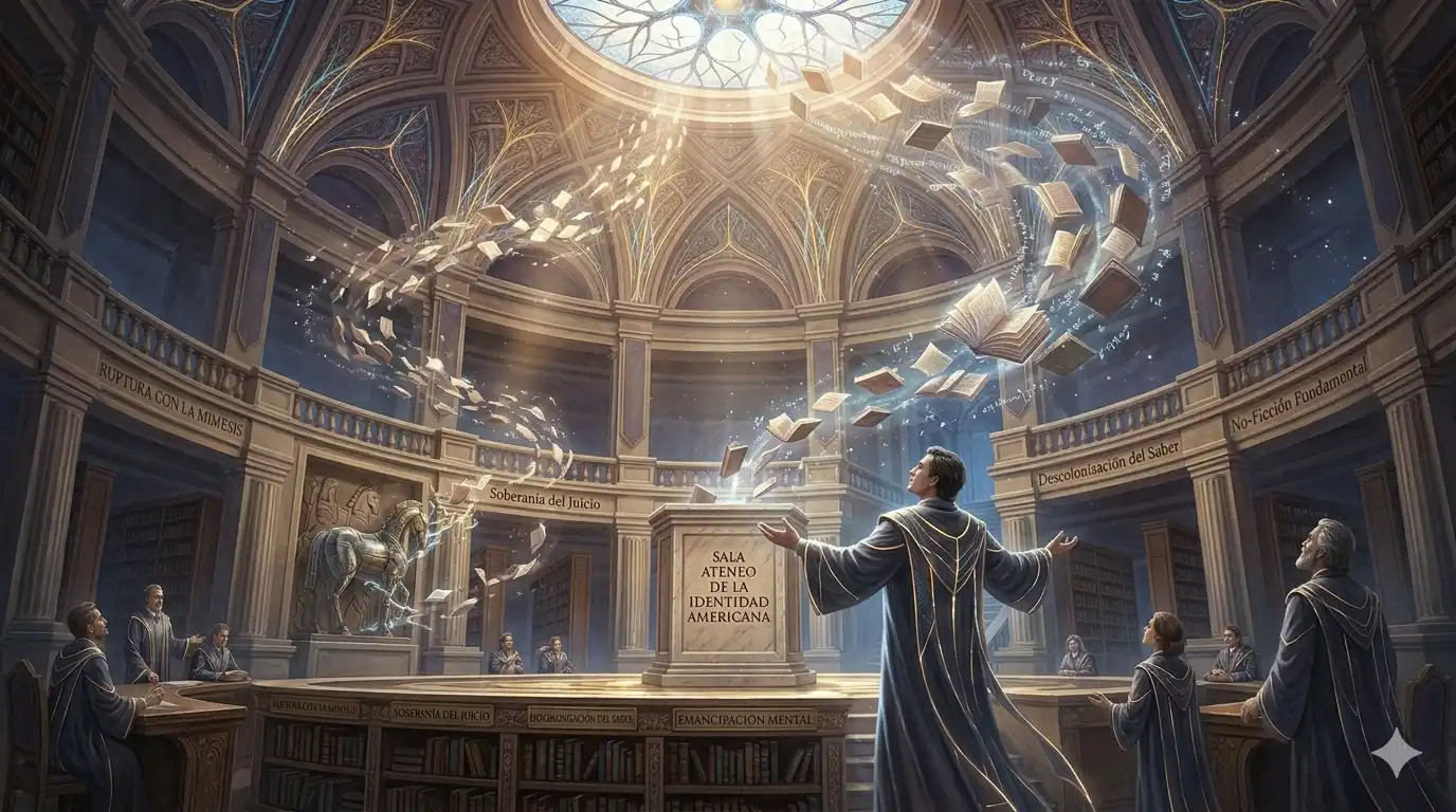 Vista artística del espacio Emancipación Mental en la Biblioteca del Imperio GoodNaty. Una toma dramática 16:9 que muestra libros clásicos de no-ficción hispanoamericana ascendiendo en espirales de luz hacia el lucernario neuronal, simbolizando la liberación del juicio crítico. Incluye relieves de pensadores y las inscripciones 'Ruptura con la Mimesis' y 'Soberanía del Juicio