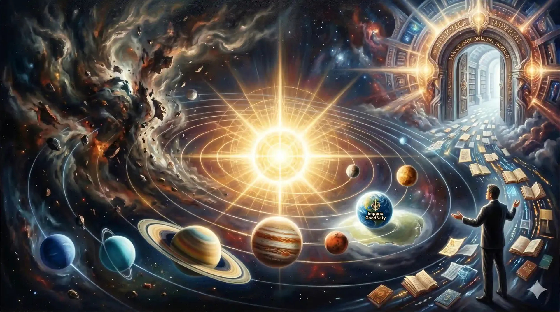 Obra de arte conceptual de la Pan-cosmogonía del Imperio: la luz como origen del orden en el sistema solar